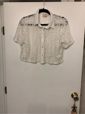 Sheer Lace Button-Front Crop Top - White